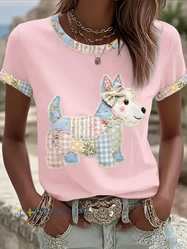 Kvinnors söta blomsterhund Print Casual Tee - runt / S