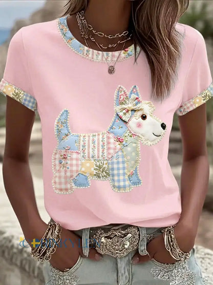 Kvinnors söta blomsterhund Print Casual Tee - runt / S