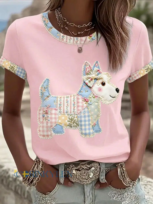 Kvinnors söta blomsterhund Print Casual Tee - runt / S