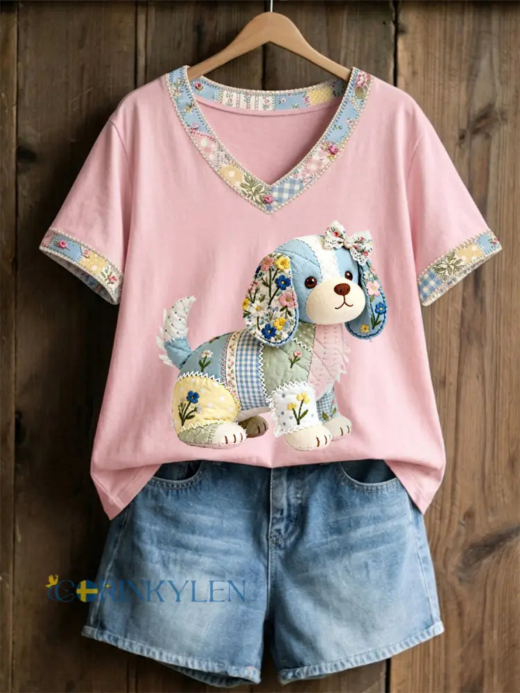 Kvinnors söta blomsterhund Print Casual V-Hack Tee - runt / S