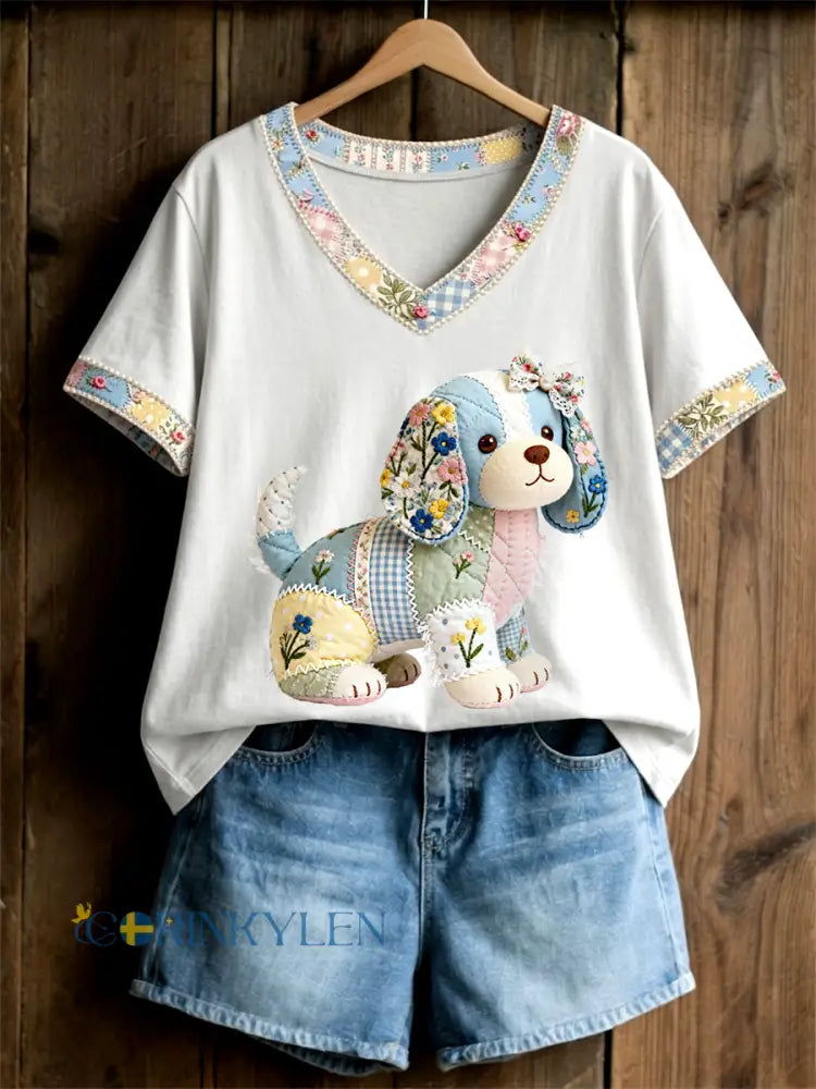 Kvinnors söta blomsterhund Print Casual V-Hack Tee - vitt / S