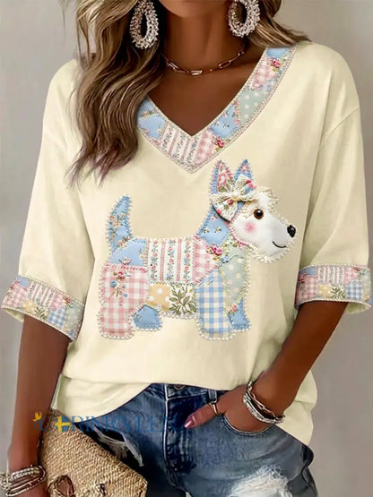 Kvinnors söta blomsterhund Print Casual V-hals topp - kränk-vitt / S