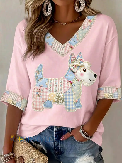 Kvinnors söta blomsterhund Print Casual V-hals topp - runt / S