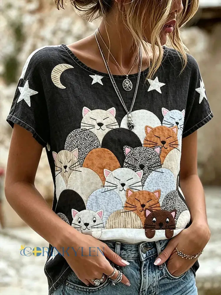 Kvinnors söta djur katt kort ärm Casual T-shirt - som bild / S