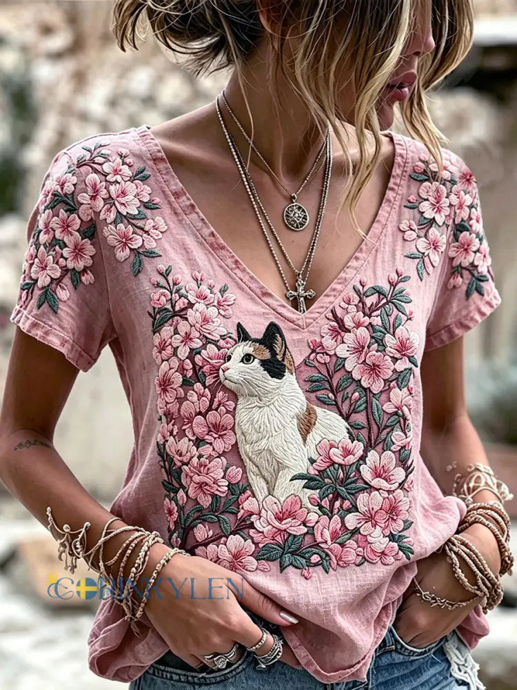 Kvinnors söta djur katt kort ärm Casual V-hals T-shirt - som bild / S