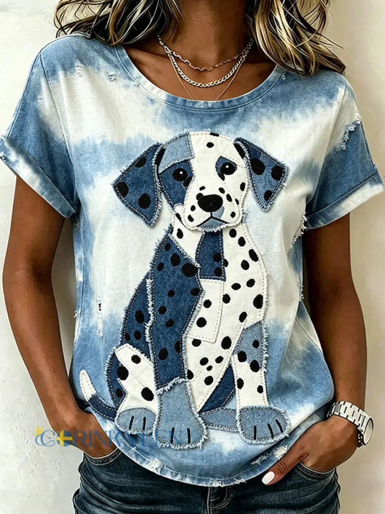 Kvinnors söta djurhund Kort ärm Casual T-shirt - som bild / S