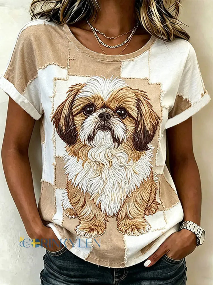 Kvinnors söta djurhund kortärmad casual t-shirt - som bild / S