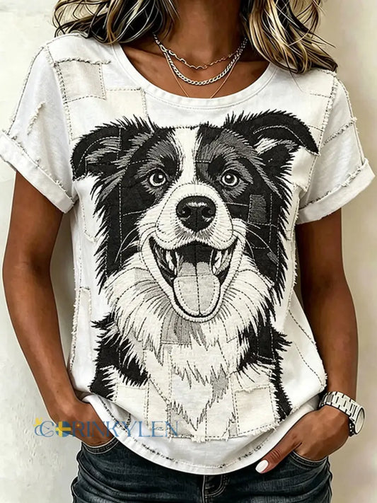 Kvinnors söta djurhund kortärmad casual t-shirt - som bild / S