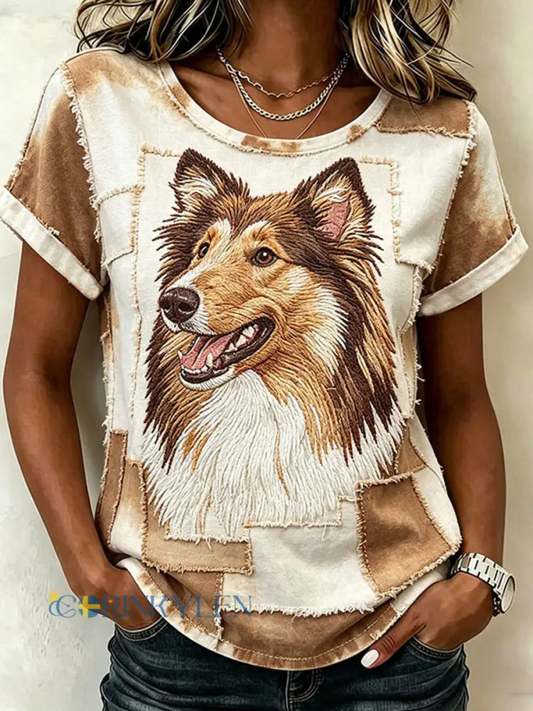 Kvinnors söta djurhund kortärmad casual t-shirt - som bild / S