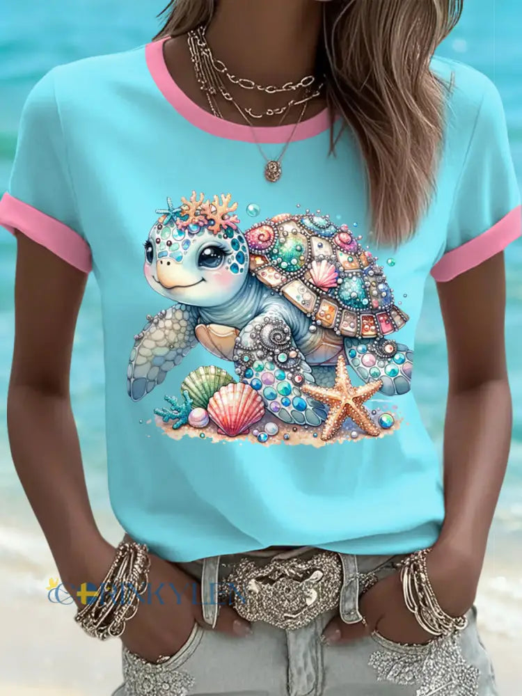 Kvinnors söta havssköldpadda Print Casual Tee - skumblå / S