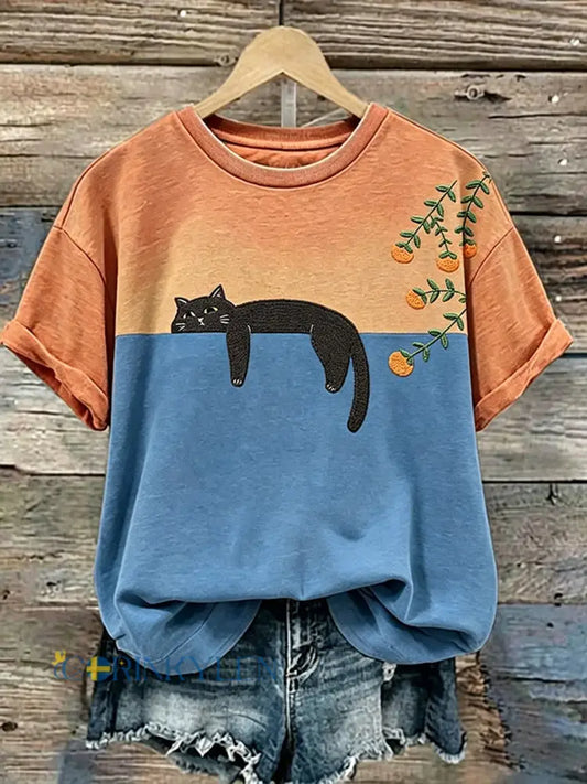 Kvinnors söta katt konst Casual Short Slem T-shirt - som bild / S