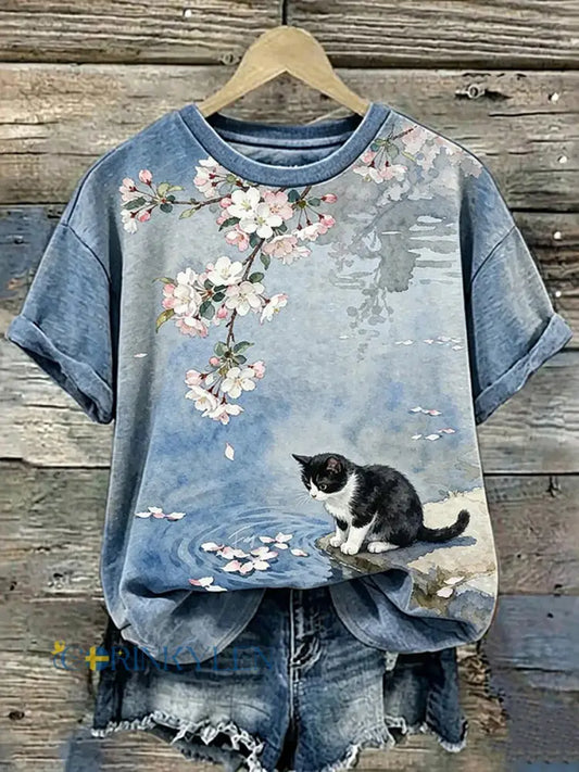Kvinnors söta katt Print T-shirt - som bild / S