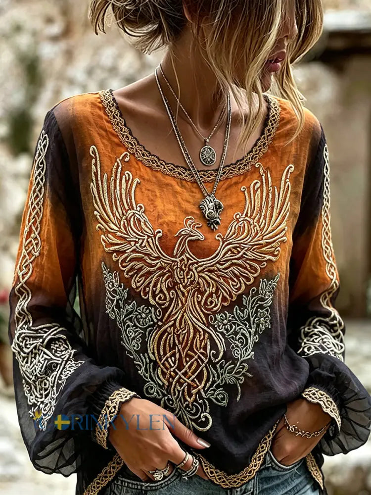 Kvinnors stilfull viking inspirerad keltiska Phoenix Skriv ut bomull-Linen skjorta - oräng / S