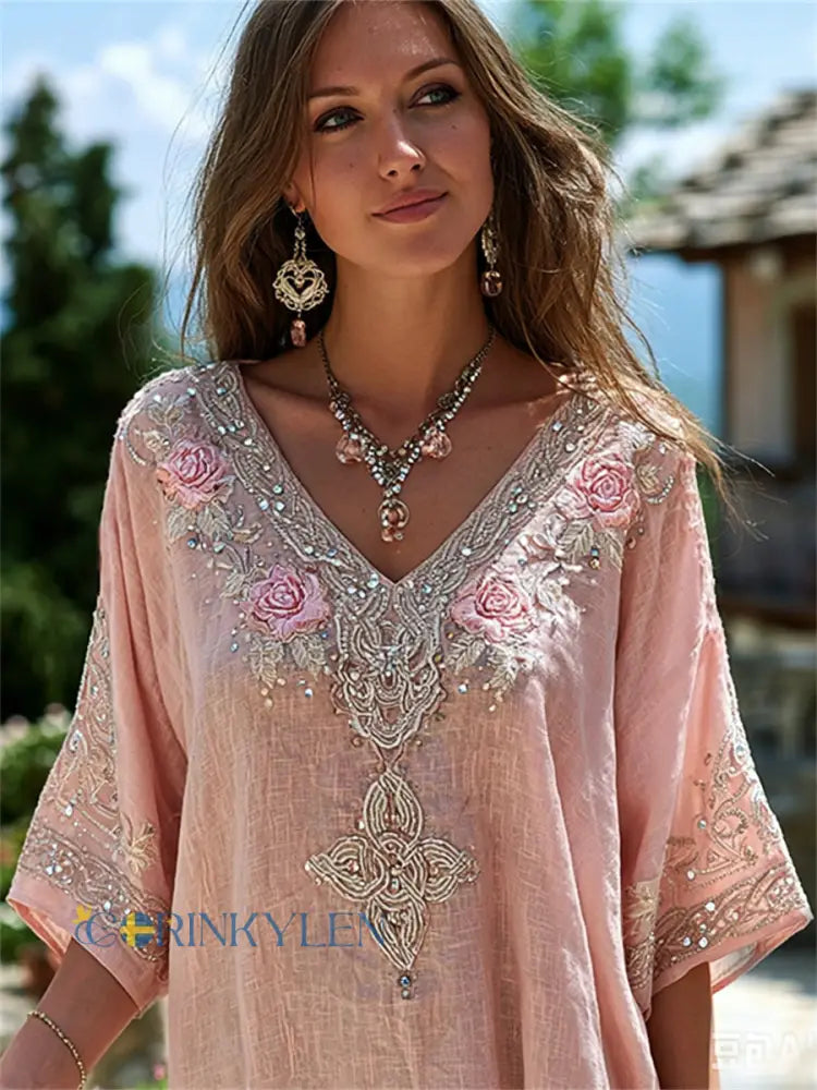 Kvinnors stilfulla rosa rosor Viking keltisk knop Skriv ut lin tunik - runk / S