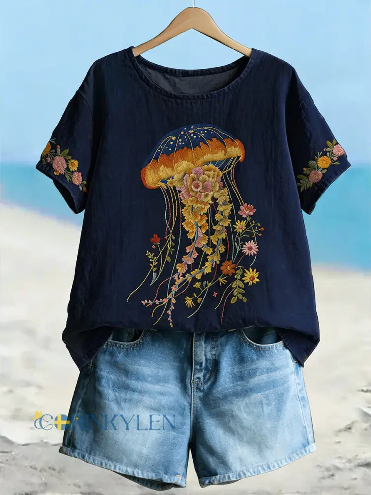 Kvinnors stiliga blomstermanuser Floral konst lin korta ärmar T-shirt - marinblå / S