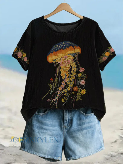 Kvinnors stiliga blomstermanuser Floral konst lin korta ärmar T-shirt - svart / S