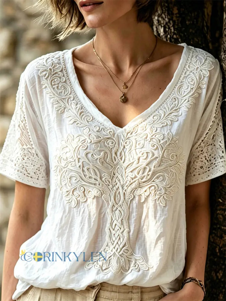 Kvinnors stiliga träd av liv Floral Lace Celtic Knop Skriv ut linne kortärmad T-shirt - vitt / S