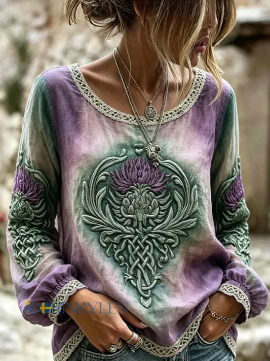 Kvinnors stiliga viking inspirerade keltiska skotska titel Print bomull-Linen skjorta - mörkt / S
