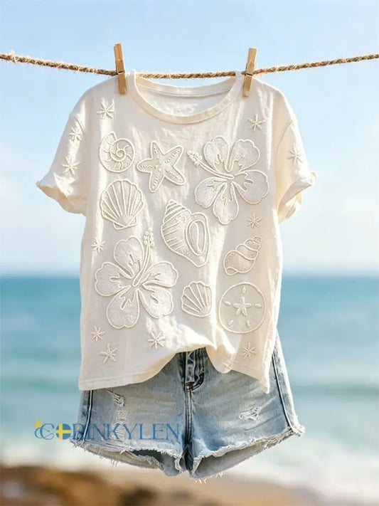 Kvinnors stjärna & Sea Shells Strand Blommor Skriv ut kortärmad T-shirt - vitt / S