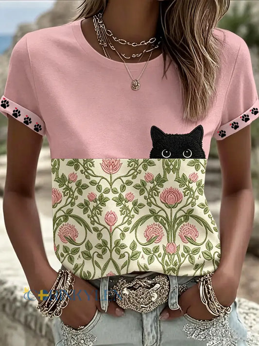 Kvinnors svart katt med blommigt grafisk Casual Short Slem T-shirt - som bild / S
