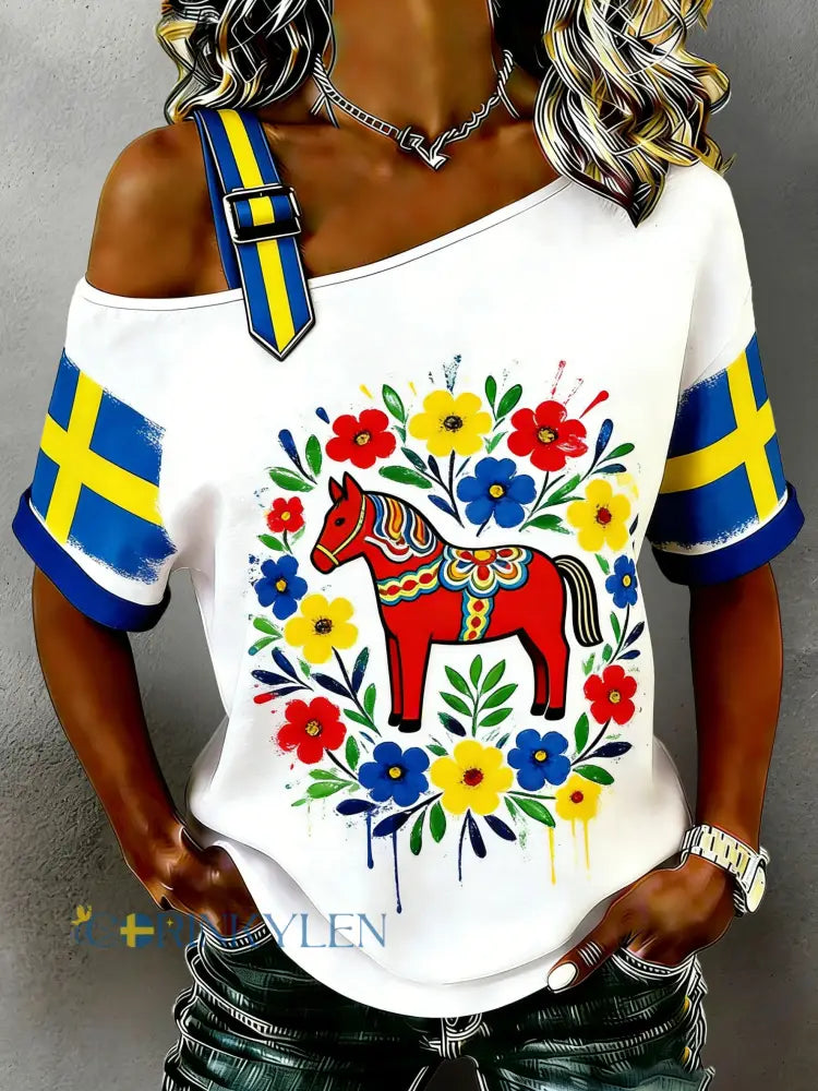 Kvinnors svensk-stil Dala Häst Tryck T-shirt - A / S