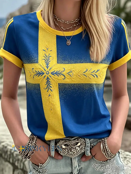 Kvinnors svensk tryckt T-shirt - som bild / S