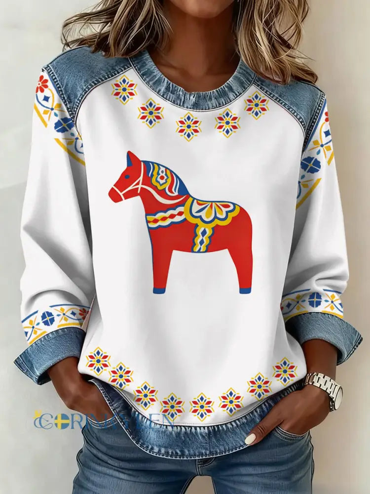 Kvinnors svenska Dala Häst Konst Mönster Mönster Konst Sweatshirt - som bild / S