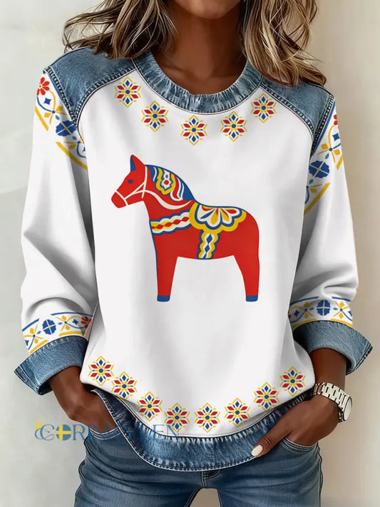 Kvinnors svenska Dala Häst Konst Mönster Mönster Konst Sweatshirt - som bild / S