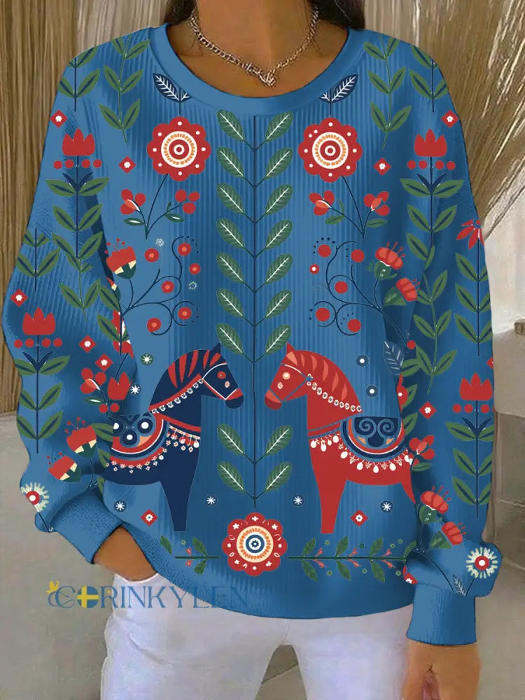 Kvinnors svenska Dala Horse Art Print Casual Sweatshirt - blå / S