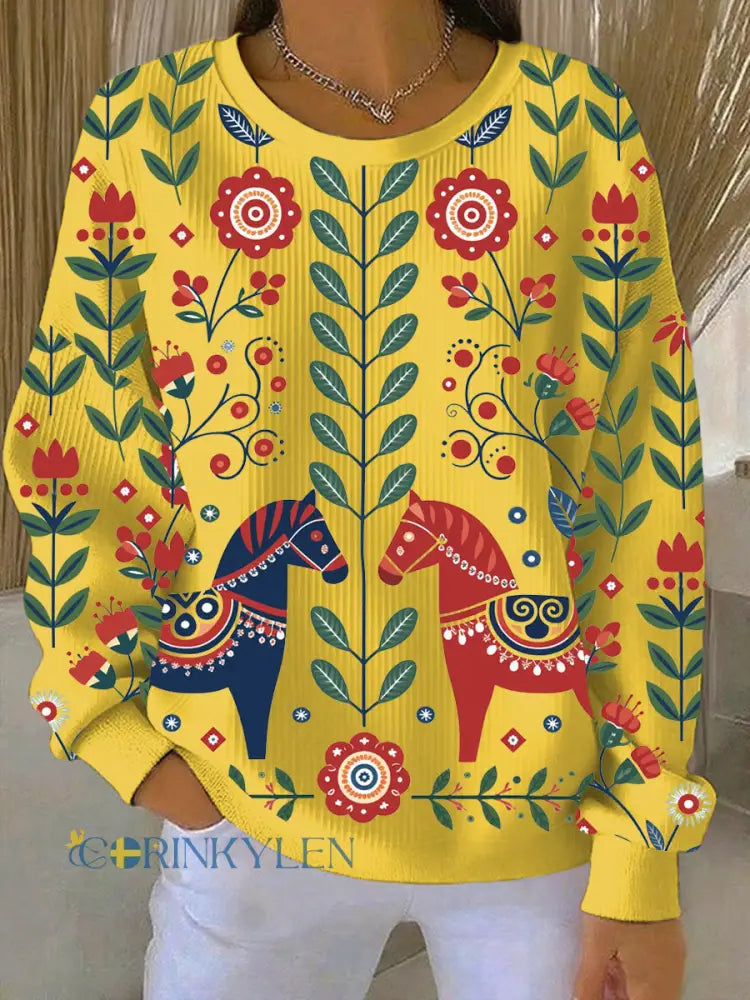 Kvinnors svenska Dala Horse Art Print Casual Sweatshirt - gul / S