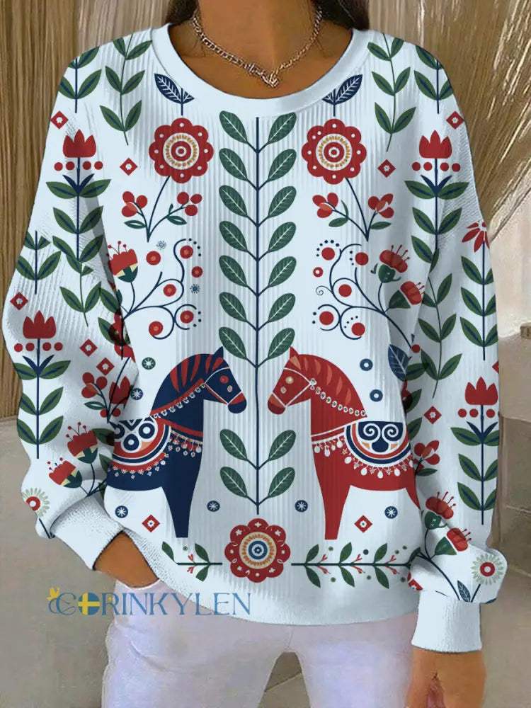 Kvinnors svenska Dala Horse Art Print Casual Sweatshirt - ljusblå / S