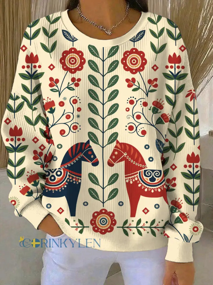 Kvinnors svenska Dala Horse Art Print Casual Sweatshirt - ljusgul / S