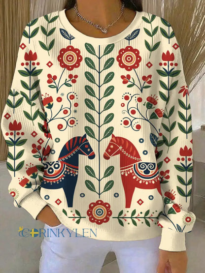 Kvinnors svenska Dala Horse Art Print Casual Sweatshirt - ljusgul / S