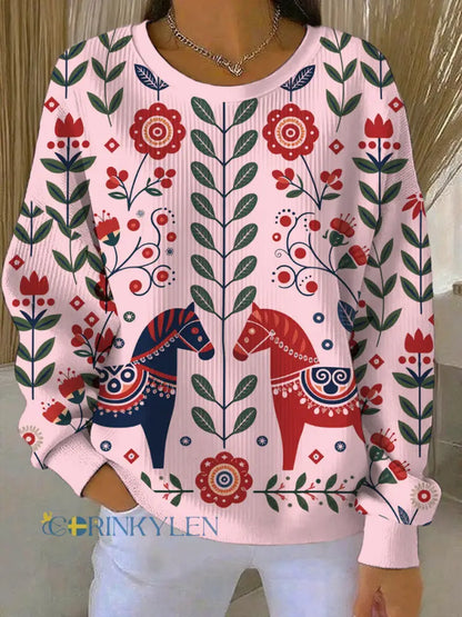 Kvinnors svenska Dala Horse Art Print Casual Sweatshirt - ljusrosa / S