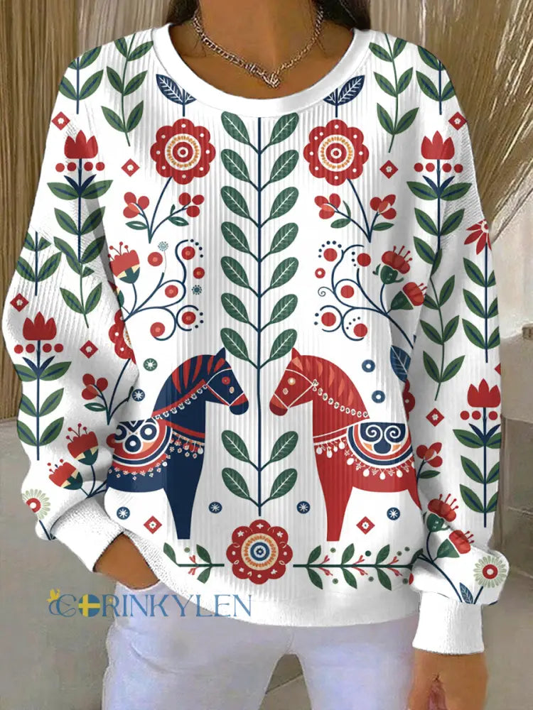Kvinnors svenska Dala Horse Art Print Casual Sweatshirt - Som bild / S