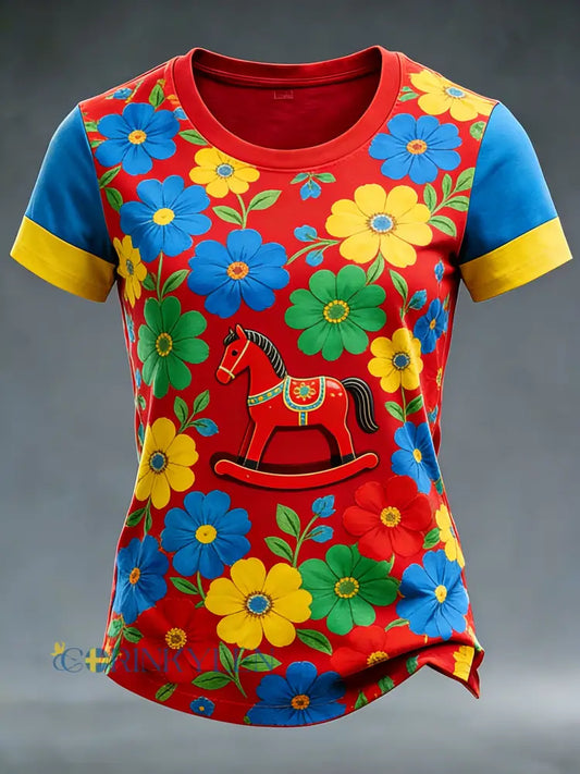 Kvinnors svenska Dala Horse-tema Konst Print T-shirt - A / S