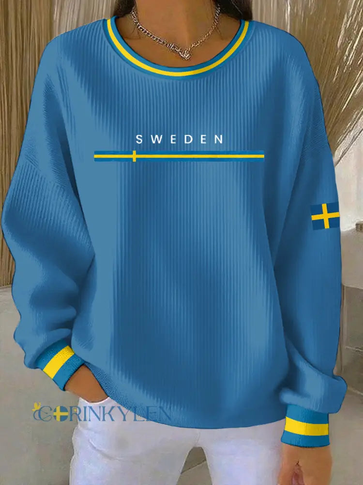 Kvinnors svenska konst Print Casual Sweatshirt - blå / S