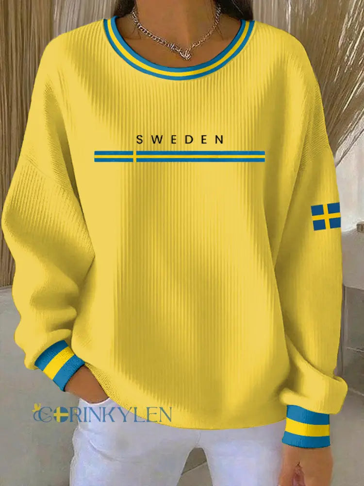 Kvinnors svenska konst Print Casual Sweatshirt - gul / S