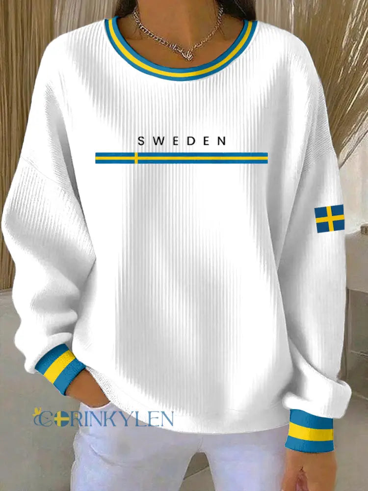 Kvinnors svenska konst Print Casual Sweatshirt - vit / S