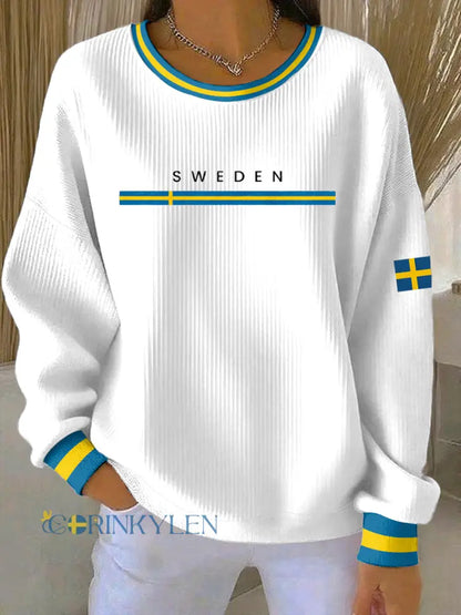 Kvinnors svenska konst Print Casual Sweatshirt - vit / S