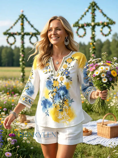 Kvinnors svenska midsommar Floral Print Casual V-hals Lin-bomull T-shirta