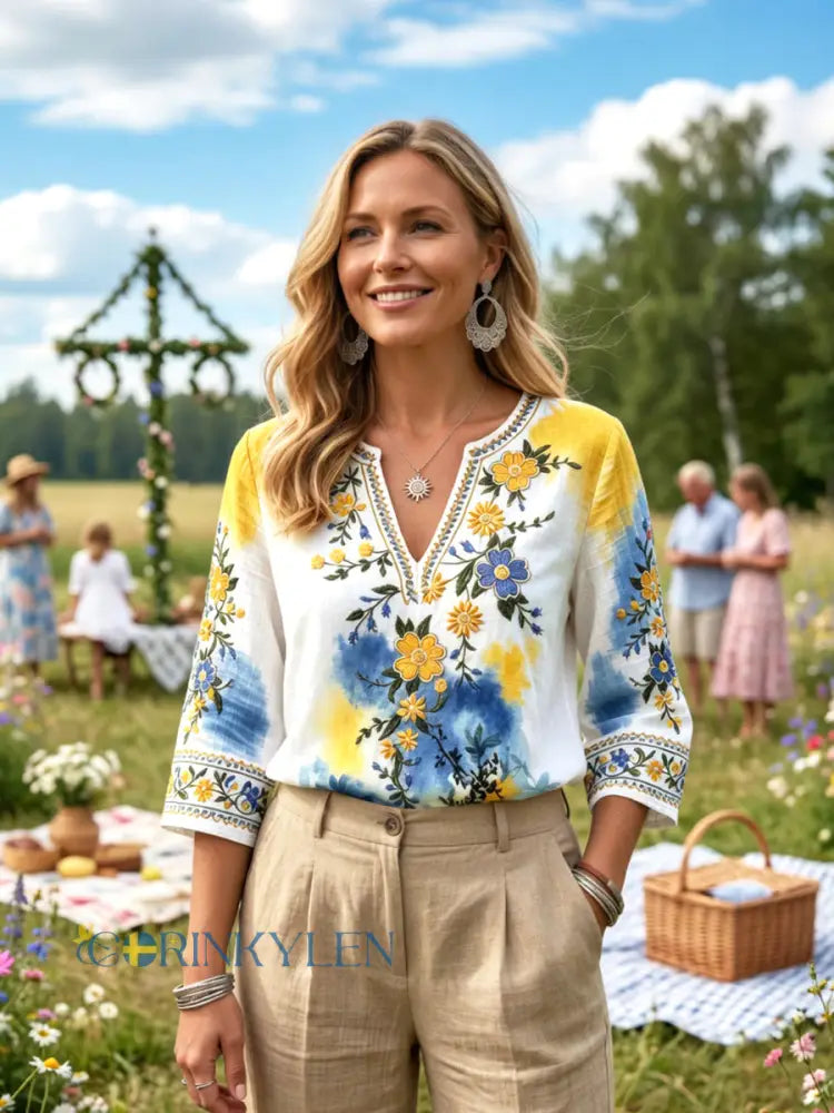 Kvinnors svenska midsommar Floral Print Casual V-hals Lin-bomull T-shirta