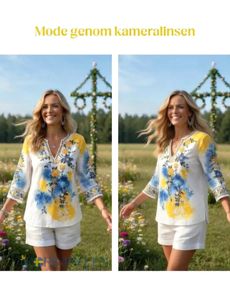 Kvinnors svenska midsommar Floral Print Casual V-hals Lin-bomull T-shirta