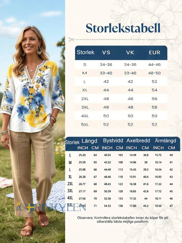 Kvinnors svenska midsommar Floral Print Casual V-hals Lin-bomull T-shirta