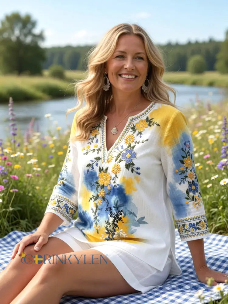 Kvinnors svenska midsommar Floral Print Casual V-hals Lin-bomull T-shirta