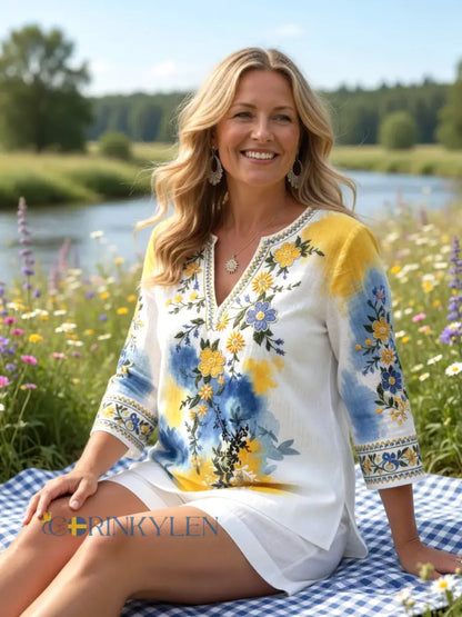 Kvinnors svenska midsommar Floral Print Casual V-hals Lin-bomull T-shirta