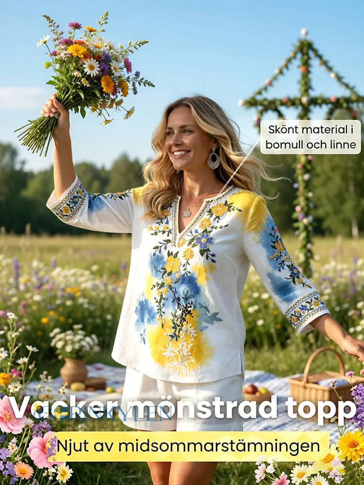 Kvinnors svenska midsommar Floral Print Casual V-hals Lin-bomull T-shirta - flerlog / S