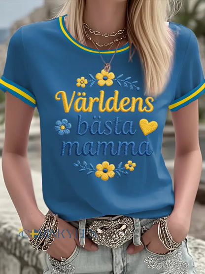 Kvinnors svenska morsdag Tryckt T-shirt - blå / S