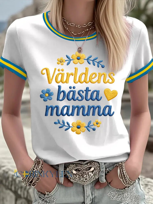 Kvinnors svenska morsdag Tryckt T-shirt - vit / S