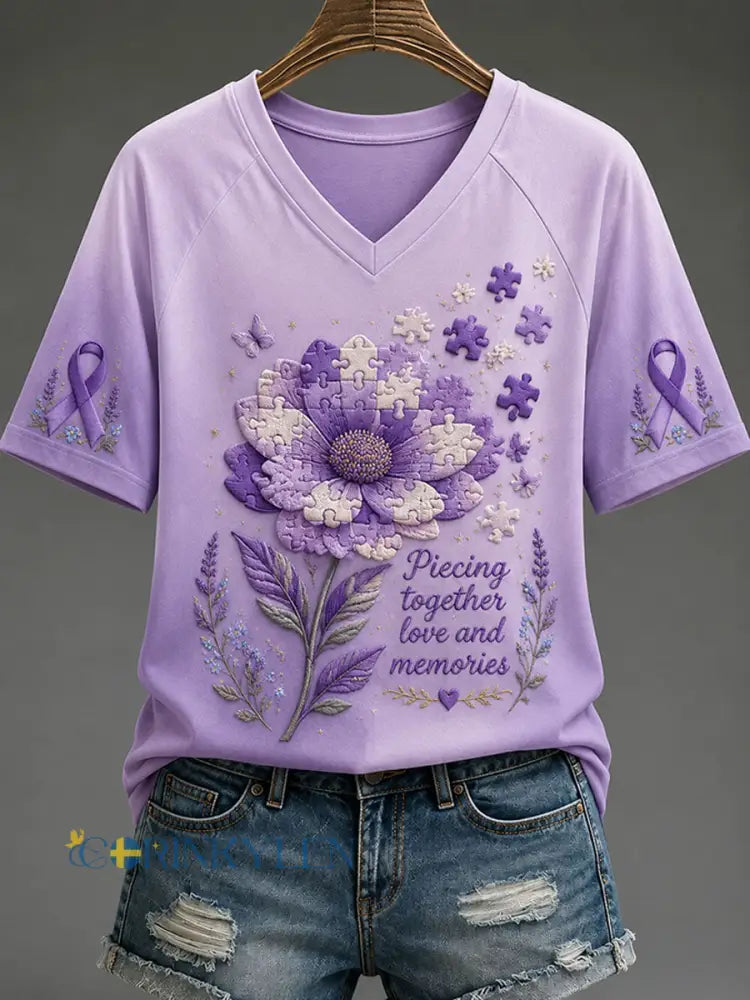 Kvinnors t-shirt med motivet ”Lima samman kärlek och minnen – Alzheimertemat” - ljus purpura / S